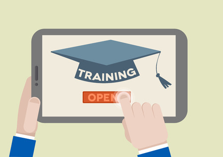 minimalistic illustration of a tablet computer with training scholar hat and hand pushing the join button, eps10 vectorのイラスト素材