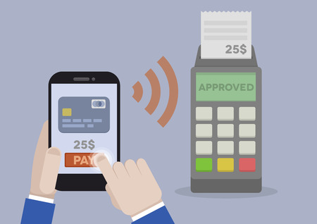 detailed illustration of mobile payment using smartphone and terminal,のイラスト素材