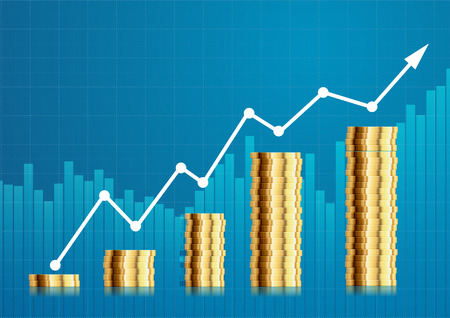 illustration of coin stacks in front of a stock performing chart, eps10 vectorのイラスト素材