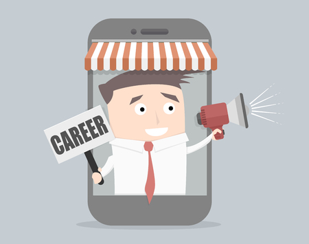 minimalistic illustration of a businessman coming out of a cell phone, holding loudspeaker and career signのイラスト素材