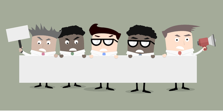 detailed illustration of a group of businessmen holding a large banner and protesting signのイラスト素材