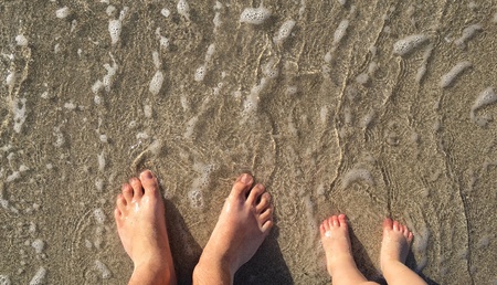 Pair of feet of parent and child standing in the waterの素材