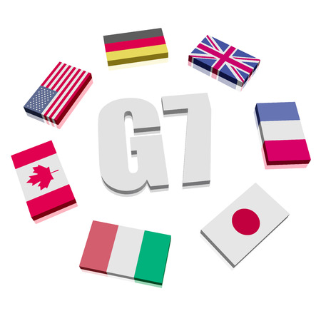 Illustration of Flags symbolizing the G7 association of seven national economies members flags in a circle, Group of Seven a governmental political forum, eps10 vectorのイラスト素材