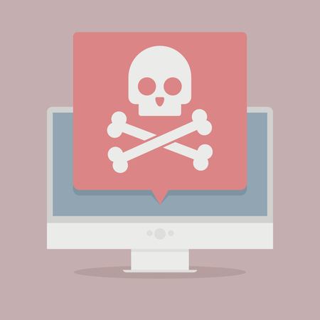 white skull with crossbones on the computer screen. cyber crime Concept of virus, piracy, hacking and securityのイラスト素材