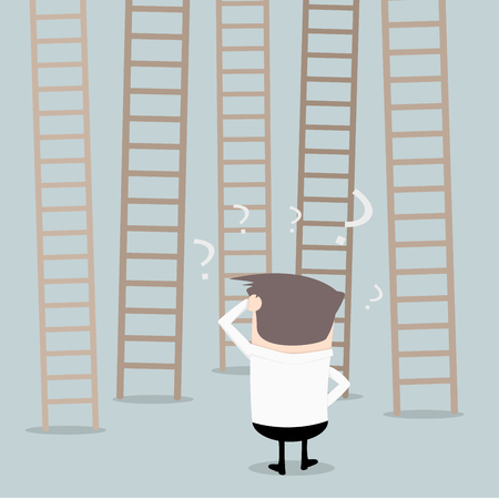 illustration of a businessman standin in front of different ladders unsure which one to climb, decision making concept, eps10 vectorのイラスト素材