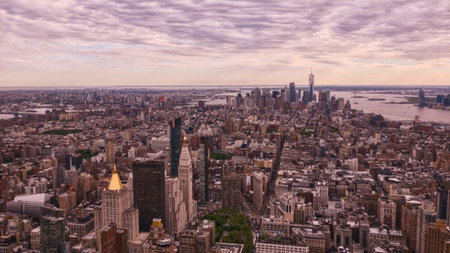 aerial view over lower manhattan on a sunny day, new york cityのeditorial素材