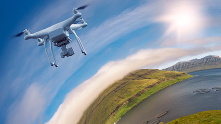 UAV drone multicopter flying with high resolution digital camera over a spherical landscape