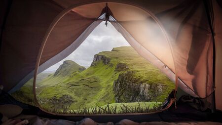 camping in the wilderness of the scottish isle of skye near the quirang mountain rangeの写真素材