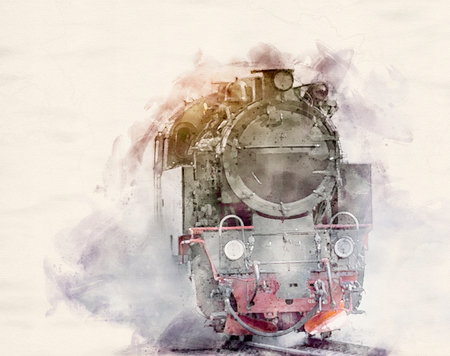 watercolor illustration of a steam powered locomotive