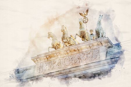 watercolor illustration of the Quadriga statue on top of the Brandenburger Tor (Brandenburg gate) in Berlin, Germanyの写真素材