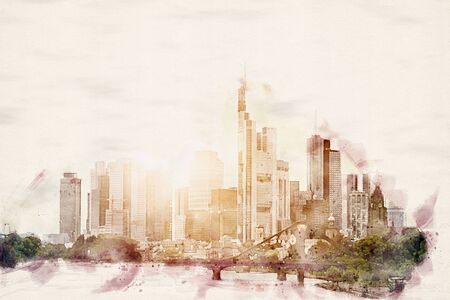 Watercolor Illustration of the frankfurt am main city skyline, germanyの写真素材