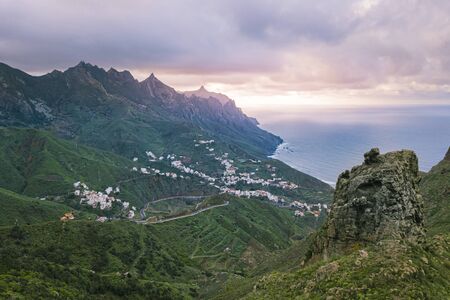Aerial view of Anaga Mountain range with Taganana village in the evening, Tenerife, Canary Islands, Spainの写真素材
