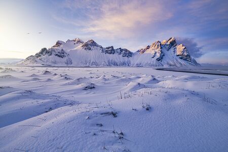 Incredible winter sunset scenery of the famous Vestrahorn mountains on Stokksnes cape, Icelandの写真素材