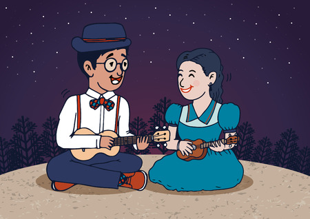 Hand draw of boy and girl playing ukuleleのイラスト素材