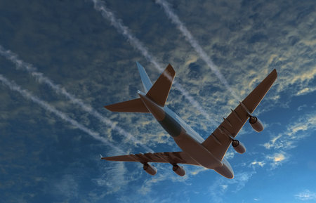Plane flies over the sea at sunset.