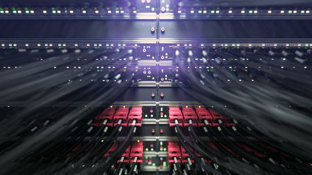 Modern network switch with cables. repeately move server. 3d rendering 4k