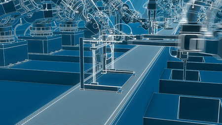 Robotic Arm Assembling 3d Printer On Conveyor Belt 3d illustrationの写真素材