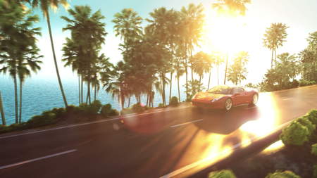 sports car driving on a mountain road over the ocean. 3d illustrationの写真素材