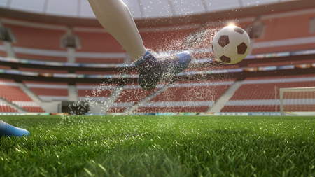detail soccer player kicking ball on field 3d illustrationの写真素材