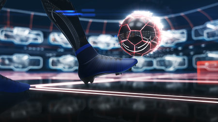 Soccer ball floating in space to goal with neon shot effect 3d illustration