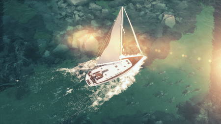 Aerial view of luxury medium cruise ship sailing from port on sunrise through the bay. 3d illustrationの写真素材