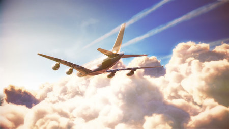 Airplane is flying over the clouds. 3d illustrtion