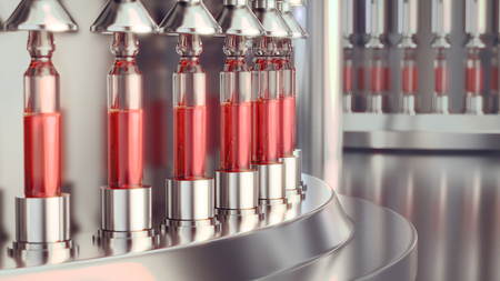 Pharmaceutical manufacturing line at pharmacy factory. 3d illustrationの写真素材