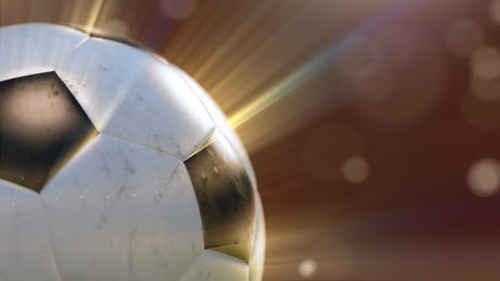 soccer ball slowly flying through the water drops emitting rays of light, 3d illustrationの写真素材