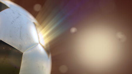 soccer ball slowly flying through the water drops emitting rays of light, 3d illustrationの写真素材
