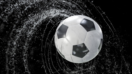 Soccer ball flies emitting whirl of water drops, 3d illustrationの写真素材
