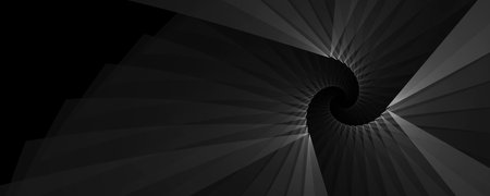 Black abstract geometric nautilus spiral wallpaper background. Elegant panoramic professional minimal subtle dark grey swirl design with copy space. 3D fractalの写真素材
