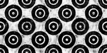 Seamless painted concentric circles or bullseye target motif black and white artistic acrylic paint texture background. Tileable creative grunge monochrome hand drawn wallpaper pattern designの写真素材