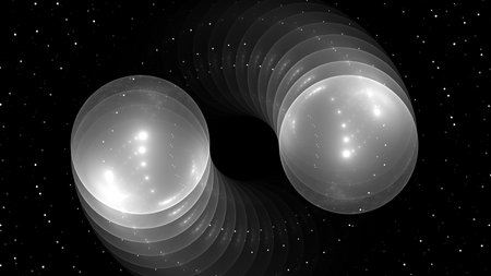 Black and white abstract celestial orbs in a backdrop of stars wallpaper background. Elegant monochrome geometric deep space or cosmos background. Astronomy or infinity concept 3D fractal renderingの写真素材