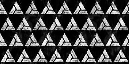 Seamless painted grungy geometric triangles black and white artistic acrylic paint texture background. Tileable creative grunge monochrome hand drawn abstract wallpaper motif surface pattern design.の写真素材