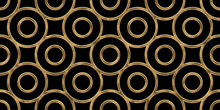 Seamless golden geometric circles line pattern. Vintage abstract gold plated relief on dark black...