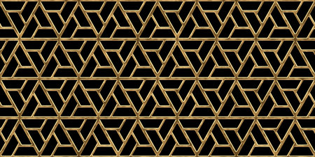 Seamless golden geometric triangle line pattern. Vintage abstract gold plated relief on black...