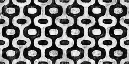 Seamless painted mid century modern rounded ogee black and white artistic acrylic paint texture background. Tileable grunge hand drawn geometric vintage circle wallpaper motif surface pattern designの写真素材