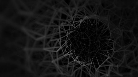 Black abstract metaverse warped mesh grid wallpaper background. Elegant minimal subtle dark grey geometric low poly cyberspace line shapes backdrop. Technology or luxury concept 3D fractal renderingの写真素材