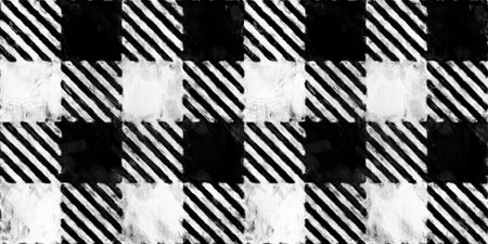 Seamless painted simple plaid checker black and white artistic acrylic paint texture background. Tileable hand drawn grunge gingham lumberjack menswear motif or picnic blanket surface pattern designの写真素材