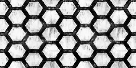 Seamless painted honeycomb hexagon black and white artistic acrylic paint texture background. Creative grunge monochrome hand drawn tileable geometric Japanese surface pattern design wallpaper motifの写真素材