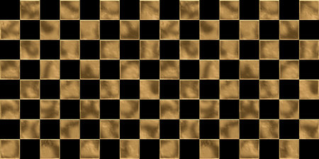 Seamless golden checker or chessboard square pattern. Vintage abstract gold plated relief on dark black background. Modern elegant metallic luxury backdrop. Maximalist gilded wallpaper 3D renderingの写真素材