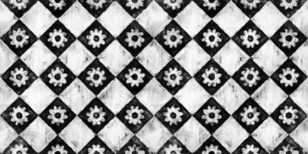Seamless painted floral diagonal diamond country checker black and white artistic acrylic paint texture background. Creative grunge monochrome hand drawn gingham flower picnic blanket pattern designの写真素材