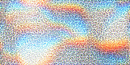 Seamless CMYK halftone abstract gradient background pattern. Tileable colorful cyan, magenta, yellow and black pop art polka dot circle texture. Retro print making creative concept backdrop.の写真素材