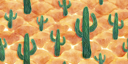 Seamless watercolor green succulent cactus on orange rolling desert sand dunes pattern. Tileable cowboy western theme background texture. A bright warm earthy boho summer landscape backdrop.の写真素材
