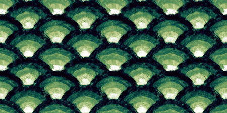 Seamless painted japanese seigaiha sea waves textile texture background. Tileable vintage green acrylic paint hand drawn rainbow scales surface pattern. Fashion and interior design 3D Rendering.の写真素材