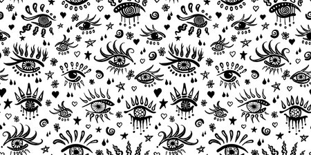 Cute hand drawn evil eye or third eye doodle tattoo flash sheet with star, heart, flower, spirals and tear drop good luck charms seamless pattern. Black and white playful kidult pen and ink drawingの写真素材