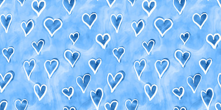 Tranquil blue playful hand drawn doodle valentine hearts seamless background texture. Cute kidult abstract 2023 color trend fashion backdrop. Kid's room textile pattern or Baby boy nursery wallpaperの写真素材