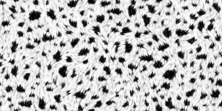Seamless soft fluffy small cheetah, leopard, dalmatian, cow or calico cat spots pattern. Realistic black and white cozy long pile animal print rug or fur coat fashion background texture 3D renderingの写真素材