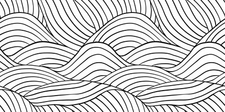 Seamless rolling hills landscape pattern made of wavy hand drawn black ink lines on white background. Simple abstract blender motif texture in a trendy bold whimsical doodle line art styleの写真素材