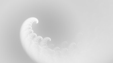 White abstract ethereal wispy smoke tentacles wallpaper background. Elegant minimal subtle light grey glowing smoky nautilus spiral banner backdrop. Ghostly sea creature tendril fractal 3D renderingの写真素材